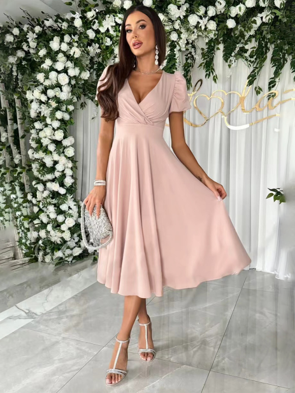New Solid Color V-Neck Waist Puff Sleeve Swing Dress