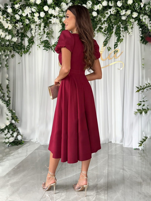 New Solid Color V-Neck Waist Puff Sleeve Swing Dress