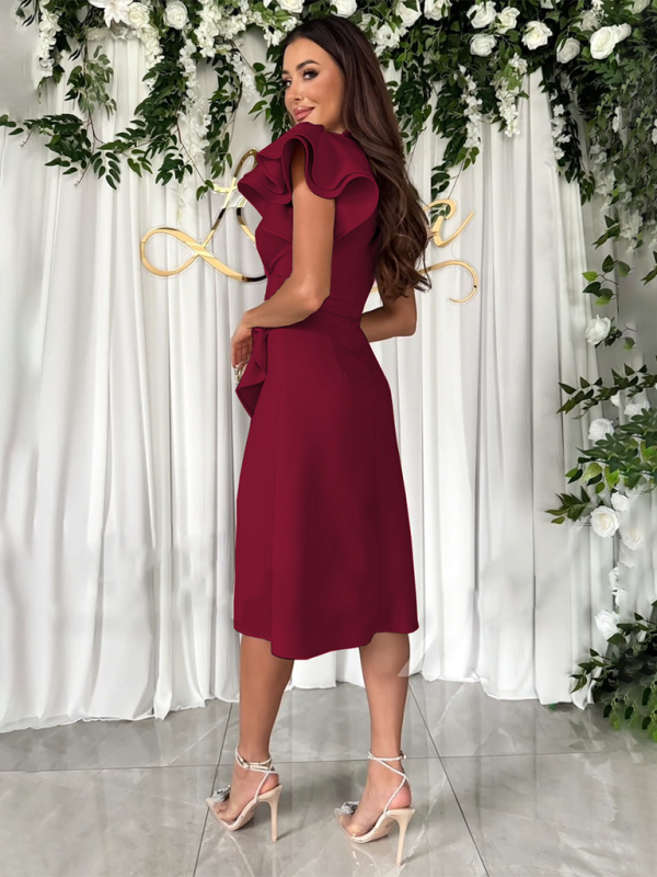 New Summer Solid Color V-Neck Waist Ruffle Sleeve Fashion Dress