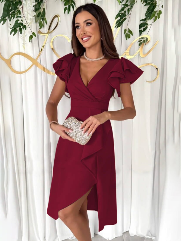 New Summer Solid Color V-Neck Waist Ruffle Sleeve Fashion Dress
