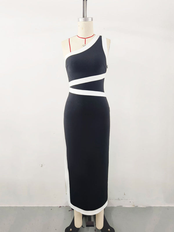 One-shoulder color blocked long waist tight party banquet dress