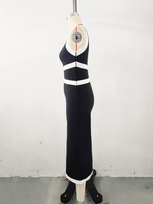 One-shoulder color blocked long waist tight party banquet dress
